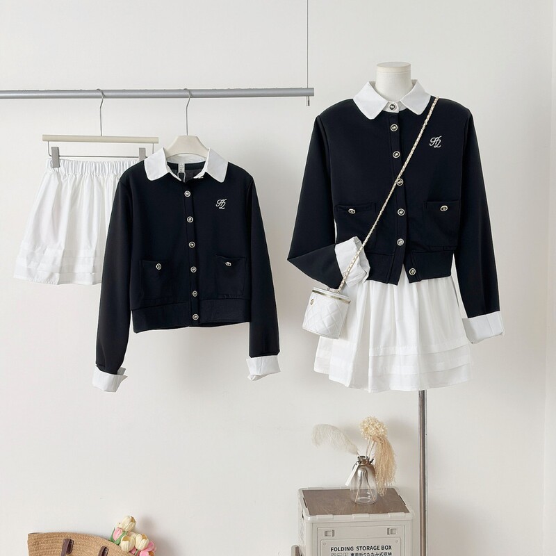 Real Shot of H2Anstudio Contrasting Color Embroider Fake Two-Piece Knitted Cardigan Sweater Jacket and Pleated Skirt Suit