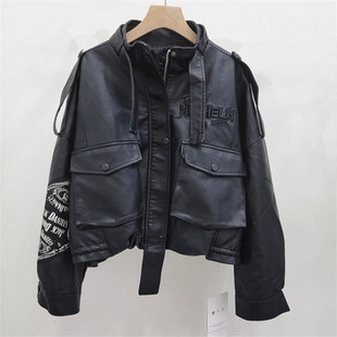 2024 Spring and Autumn New European Station Western Style Vintage Motorcycle Leather Printed High Waist Slimming Washed PU Leather Jacket Trendy