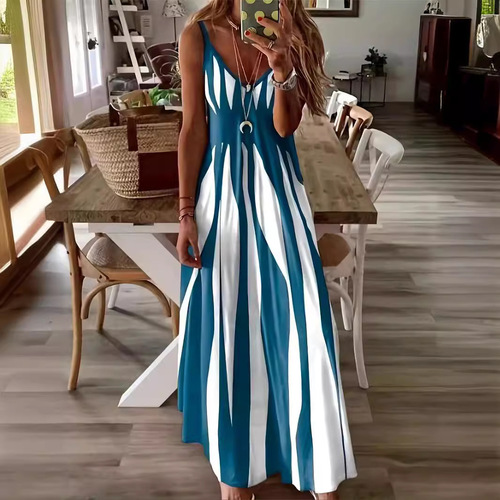 Summer New Arrival European and American Style Hot-Selling Casual Strappy Printed V-Neck Sleeveless Long Dress/One-Piece Dress