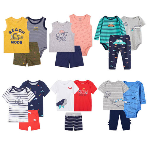 Summer and autumn newborn baby boy long-sleeved romper set, pure cotton short-sleeved T-shirt and three-piece pants set with backless shorts