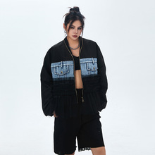 美式高街拼接网纱牛仔长袖棒球服女秋季新款宽松个性工装夹克外套