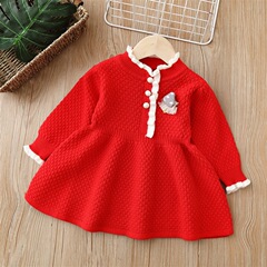 女童毛衣花邊蘑菇連衣裙童裝針織長裙2022秋冬新款甜美裙子