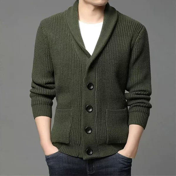 Autumn and Winter Men's Thickened Button-Up Cardigan Wool Sweater with Green Fruit Collar, V-Neck Solid Color Casual Knitwear
