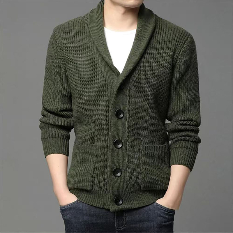 Autumn and Winter Men's Thickened Button-Up Cardigan Wool Sweater with Green Fruit Collar, V-Neck Solid Color Casual Knitwear Autumn and Winter Men's Thickened Button-Up Cardigan Wool Sweater with Green Fruit Collar, V-Neck Solid Color Casual Knitwear