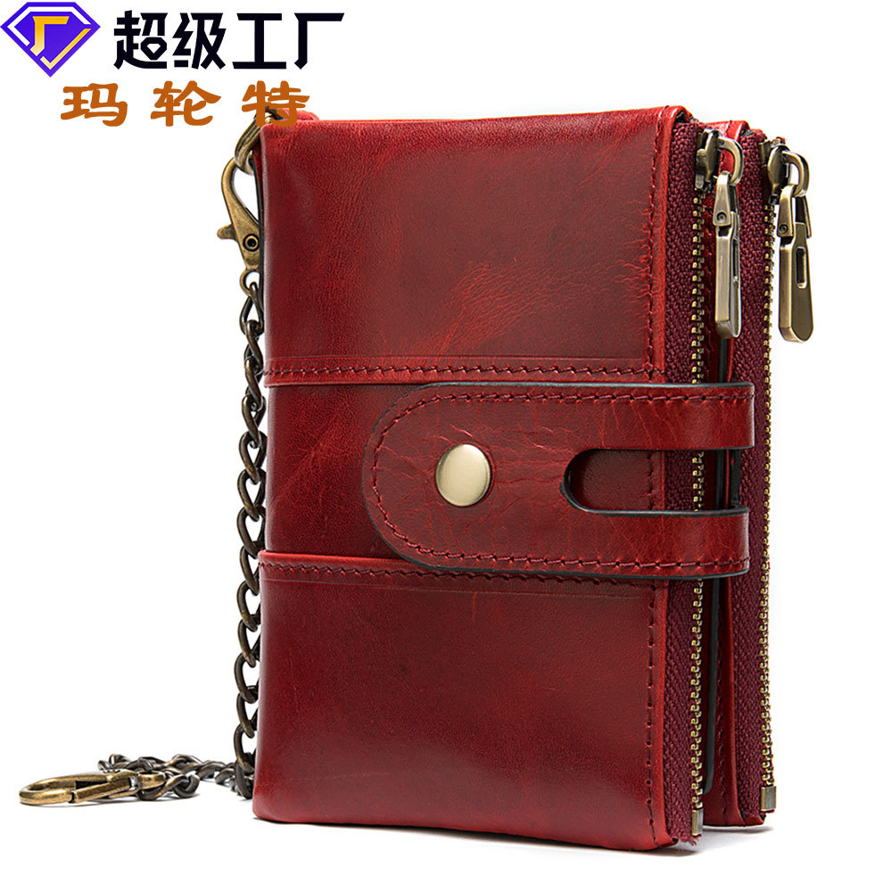 Leather Retro 50% Off RFID Wallet Men's Pocket Money Clip Key Chain Zipper Wallet Chain Money Clip