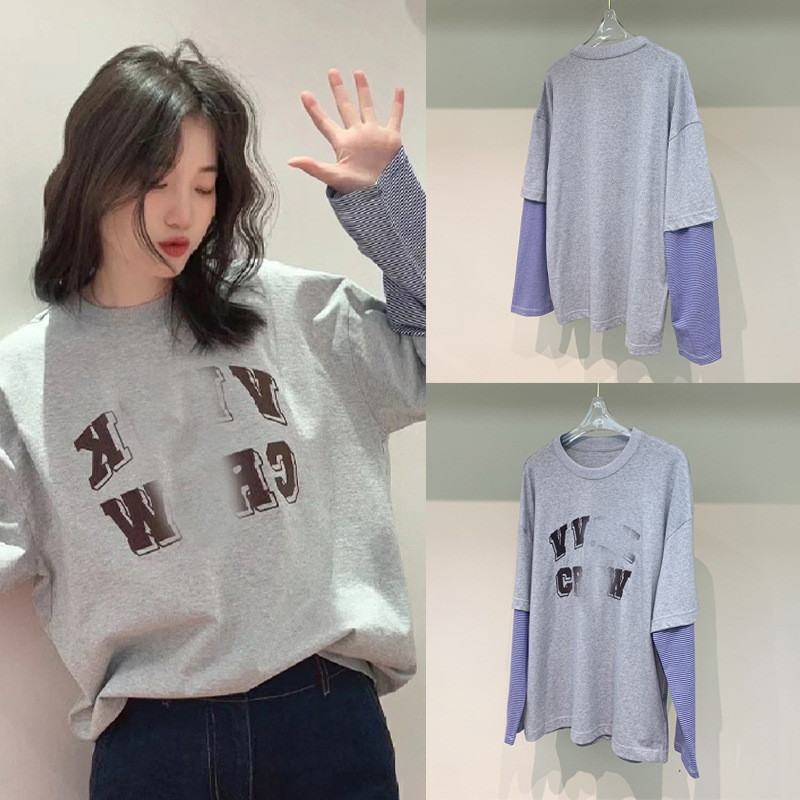 VI fake two-piece long-sleeved T-shirt ~ fashion personality round neck long-sleeved heavy embroidery letter loose casual top for men and women VI fake two-piece long-sleeved T-shirt ~ fashion personality round neck long-sleeved heavy embroidery letter loose casual top for men and women