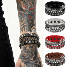 环保PU皮欧美时尚朋克手环暗黑色方圆铆钉手链非主流铁链多层手镯