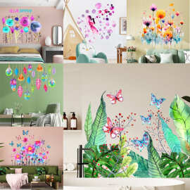 手绘花卉蝴蝶七彩PVC磨砂墙贴纸 CH跨境自粘贴画客厅装饰墙贴批发
