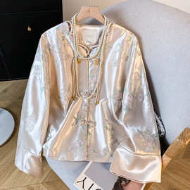 2025秋季新中式国风东方古典美缎面刺绣盘扣复古改良长袖上衣外套