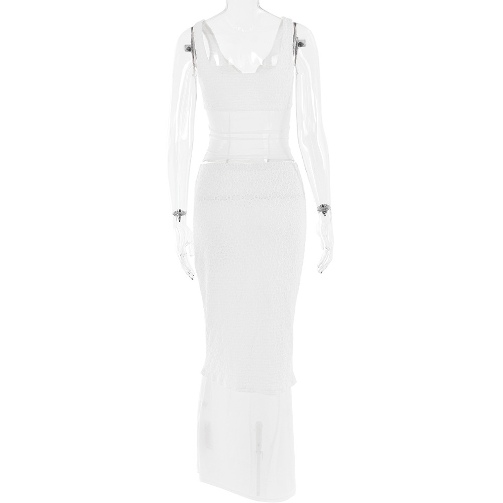 Lace Hook Floral Two Piece Sling Women Sexy Slim Fit Maxi Skirt Set Autumn