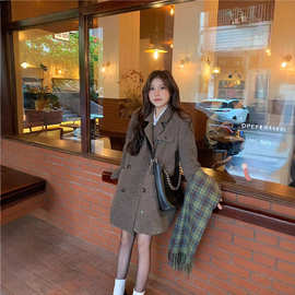高级感复古咖色西装毛呢外套女秋冬季小个子chic宽松百搭呢子大衣