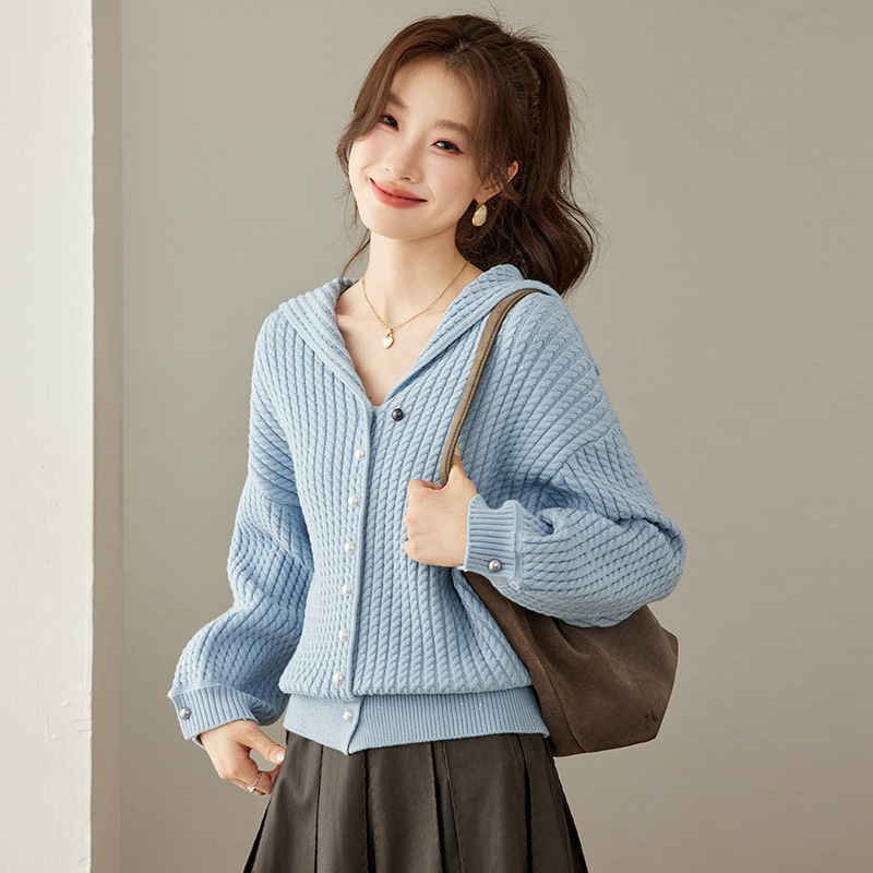 Navy Collar Knitted Cardigan Sweater Jacket for Women, Spring and Autumn 2026 New Style, Loose and Casual, High-End Korean Style Top Navy Collar Knitted Cardigan Sweater Jacket for Women, Spring and Autumn 2026 New Style, Loose and Casual, High-End Korean Style Top