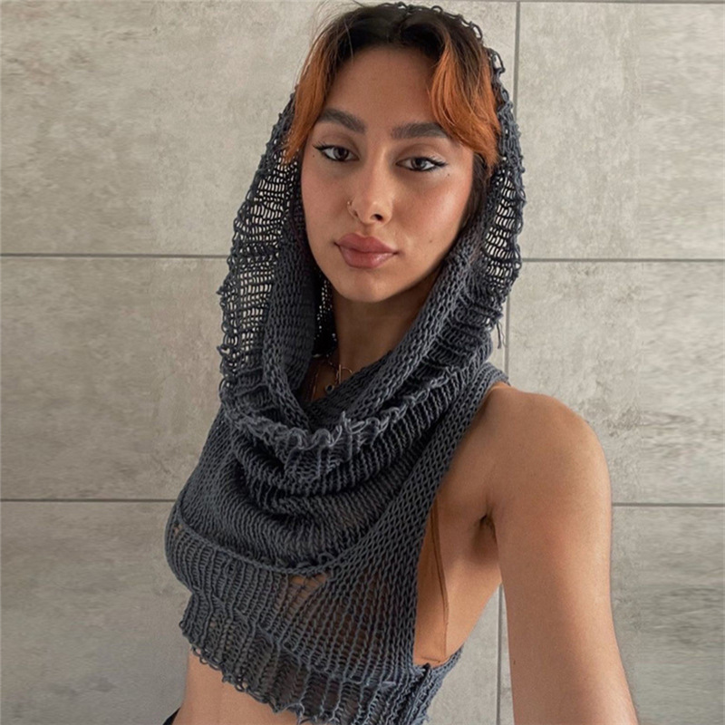 European and American Cross-border 2022 Autum Fashion Trendy Women's Clothing New Hooded Sleeveless Navel-baring Knitted Pure Color Inner Sweater