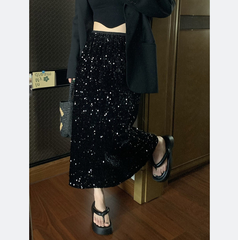 Internet celebrity high-grade sequined heavy work skirt black high waist slimming small split mid-length dress
