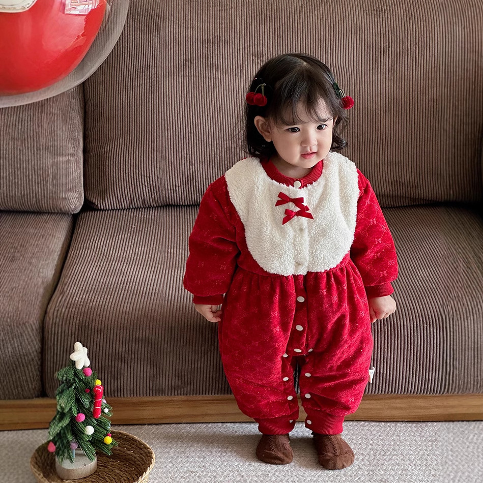 Ropa de invierno para bebé, bowknot, bolso de conejo rojo, mono, estilo chino, ropa de año nuevo, ropa de bebé de un año