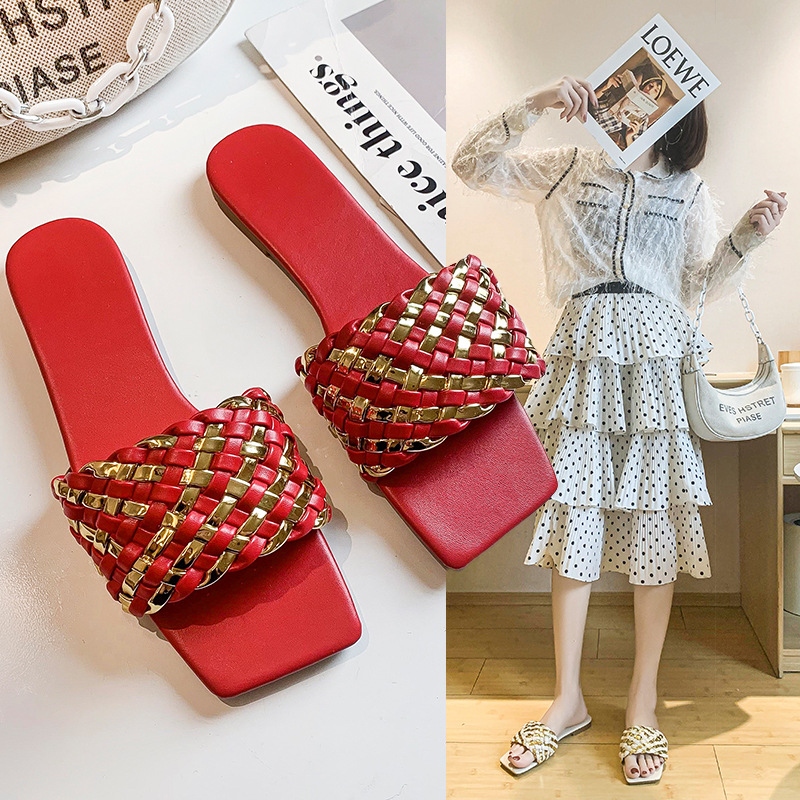 Square toe large size woven slippers for...