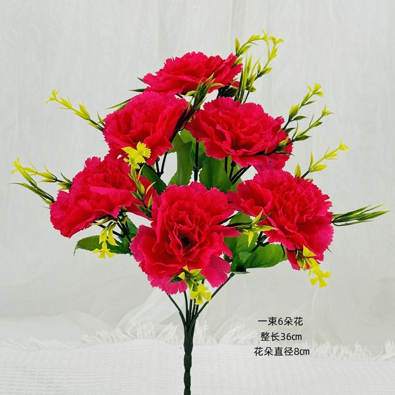 Flores artificiales Clavel de 6 cabezas Flores artificiales Flores de tela plástica Flores grandes Decoración de mesa de salón Arreglos florales artificiales