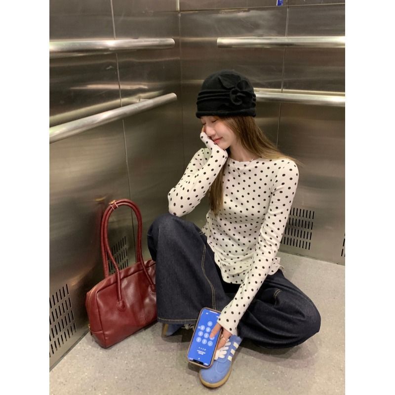 甜美风白色波点长袖T恤女春季气质减龄荷叶边打底衫显瘦内搭上衣|undefined