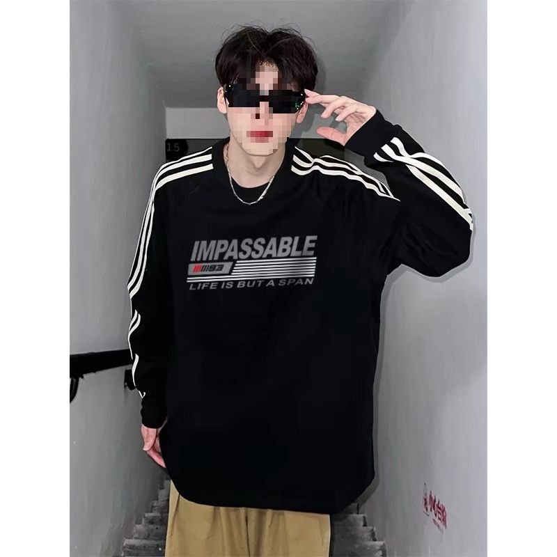 长袖t恤男款秋冬美式三条杠无帽圆领上衣宽松潮牌情侣打底衫