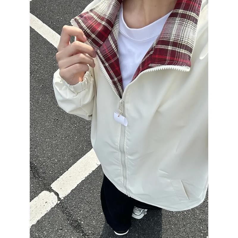 跨境男士格子双面秋季夹克新款百搭潮牌美式立领外套宽松休闲情侣|undefined