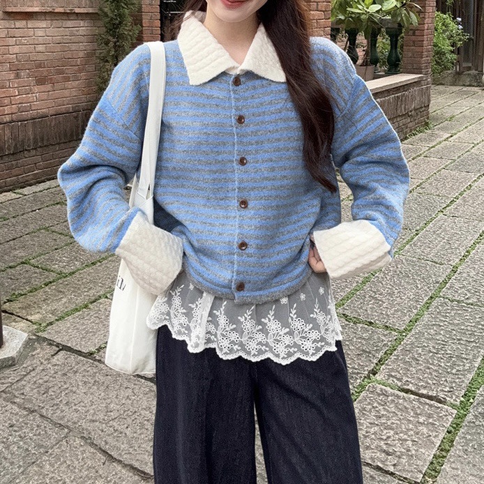 韩系条纹撞色翻领针织开衫外套秋冬新款时尚百搭减龄毛衣上衣女|undefined