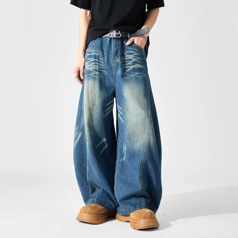 Американские ретро-джинсы в стиле casual, прямые, выбеленные, модель «семитар», весна 2025 года, унисекс, свободные, широкие, с драпировкой, в пол.