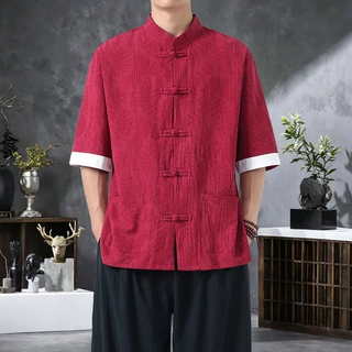 新中式唐装男中国风夏季薄款棉麻短袖衬衫复古宽松茶服大码衬衣潮