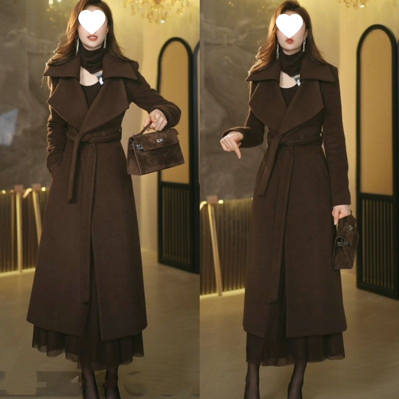 英伦风毛呢大衣女裙摆风衣气质女神商务过膝外套春秋翻领职业大衣