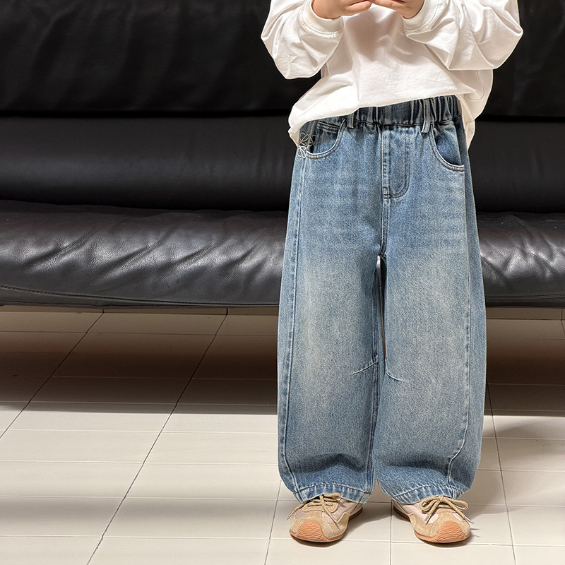 Aimobebe children's jeans for boys and girls, fashionable patchwork curved-leg pants, Korean style, loose fit, durable, straight-leg pants, trendy Aimobebe children's jeans for boys and girls, fashionable patchwork curved-leg pants, Korean style, loose fit, durable, straight-leg pants, trendy