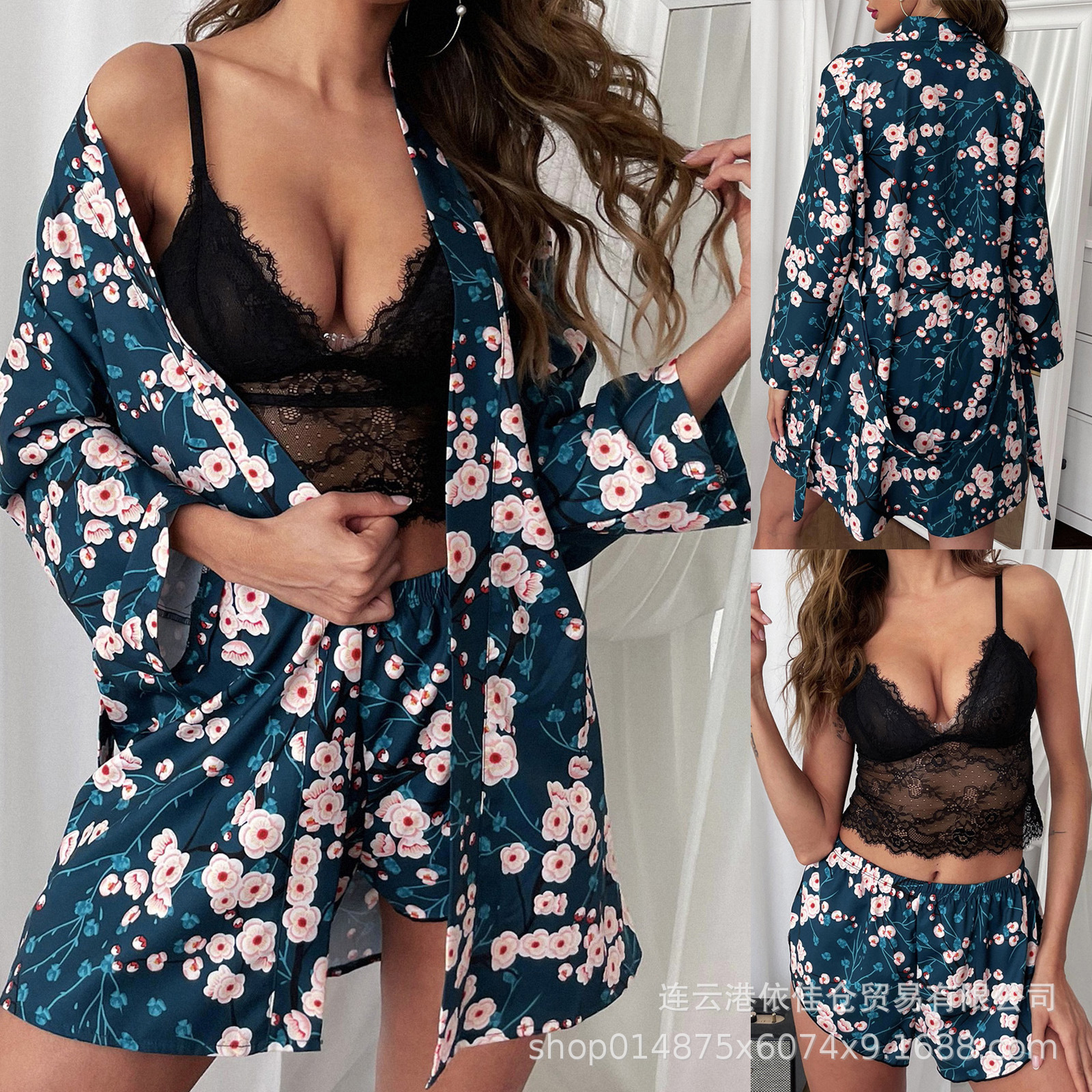 2021 manufacturers wholesale new pajamas women's three-piece sexy European and American pajamas set home clothes flower bathrobe