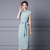 Stand collar Nail Drill long belt slim skirt