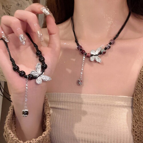 National Style Butterfly Beaded Necklace Women's Light Luxury Niche New Chinese Design  New Clavicle Chain Trend
