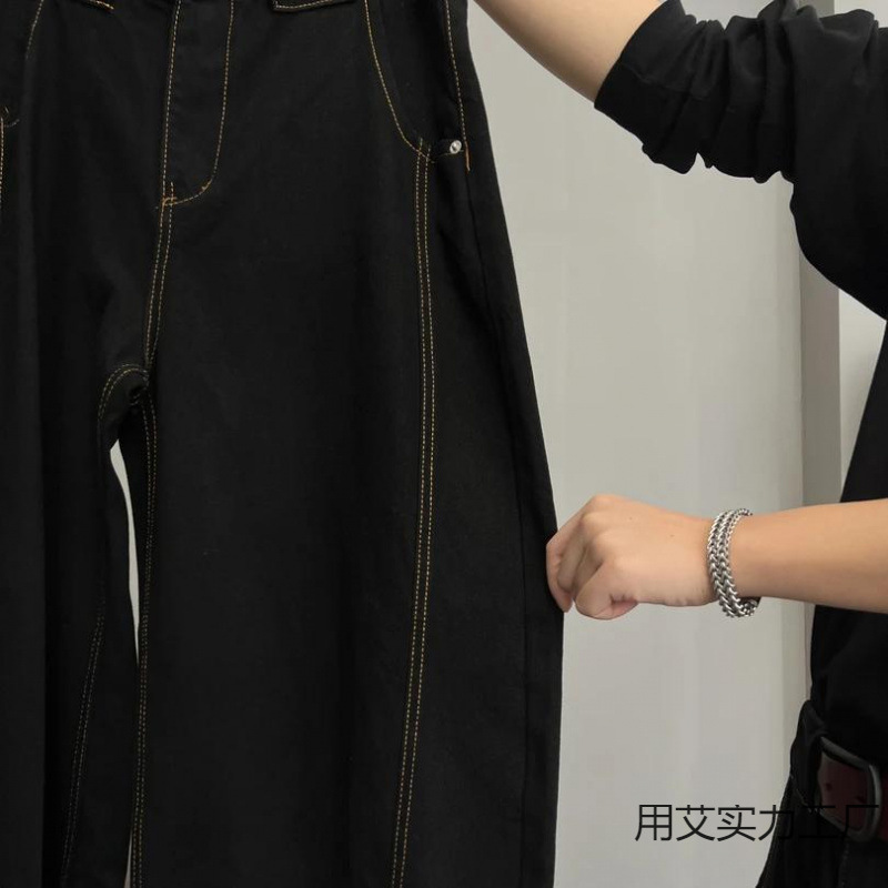 オールシーズン着られるメンズパンツ、ファッショナブルな都会的な立体裁断で肉感をカバーし、スリムに見せるトップステッチデザインのスモールソードワイドレッグジーンズ|undefined