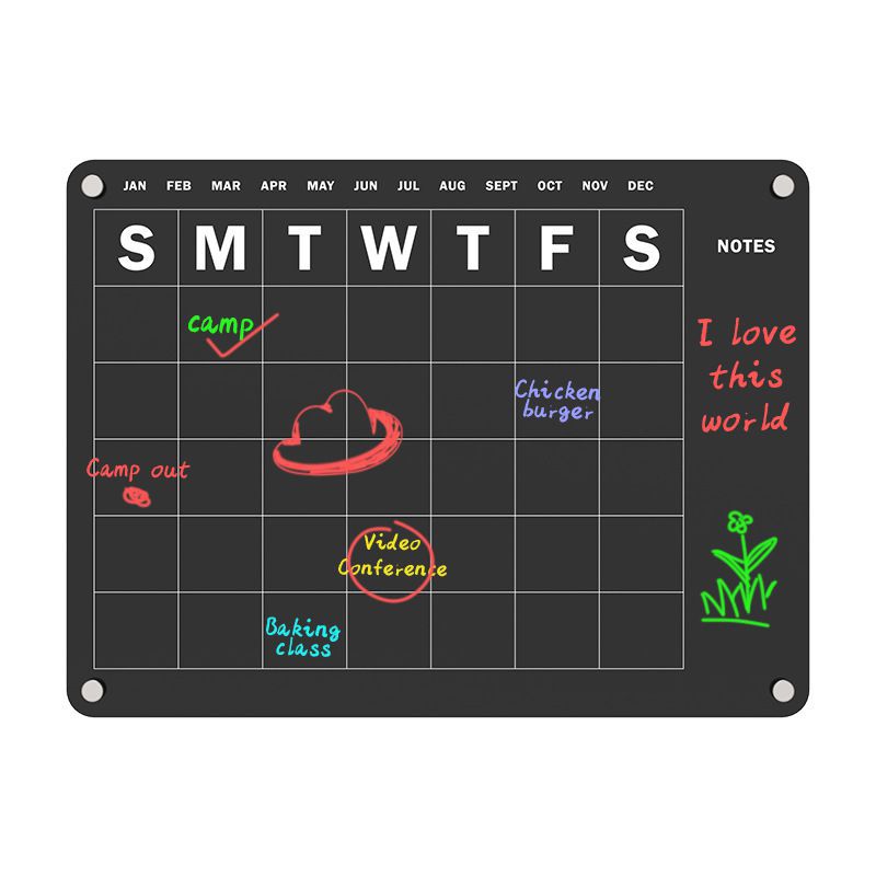 Imán de nevera de acrílico negro Tablero de calendario para el hogar Tablero de borrado en seco magnético Tablero de notas de mensaje magnético Tablero de exhibición colgante