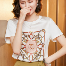 丝绸缎面短袖真丝2024夏季女装新印花桑蚕丝韩版宽松短袖上衣t恤