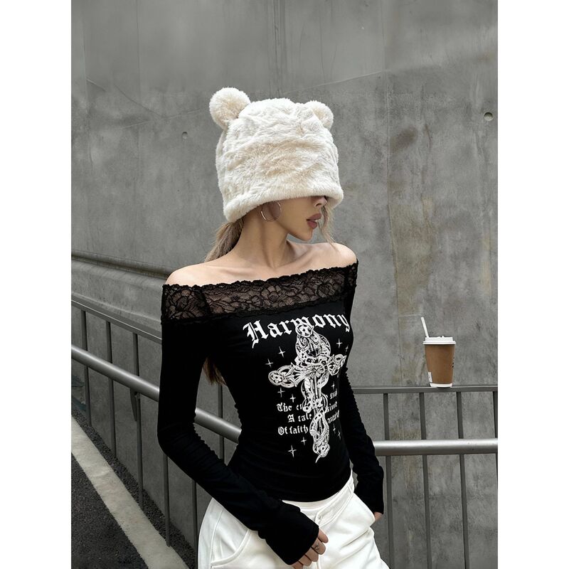 American Retro Black Lace Patchwork Printed One-Shoulder Long-Sleeve 2026 Spring New Slim-Fit Flattering Top for Hot Girls
