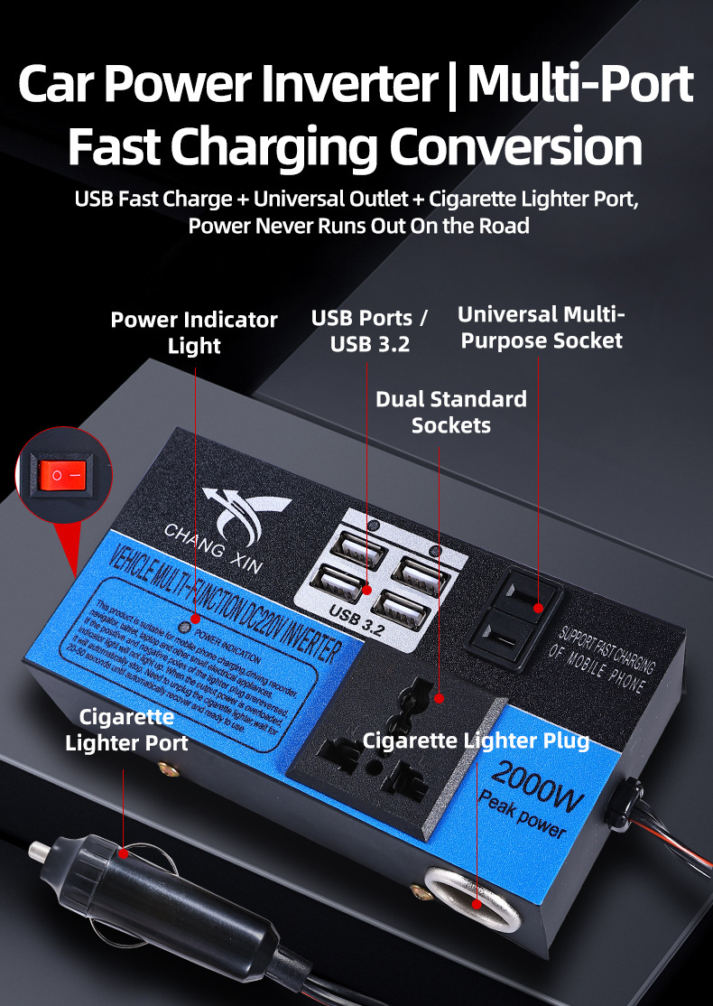 Car Inverter 12V/24V to 220V Multi-Function Converter for Cars and Trucks High-Power Socket Charger