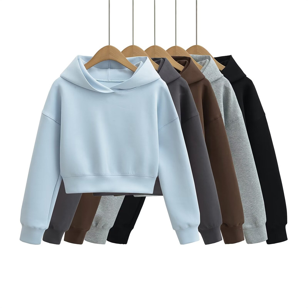 YPFF trendy women's hooded short sweater autumn new slim-fit lazy style solid color hot girl long sleeve short top