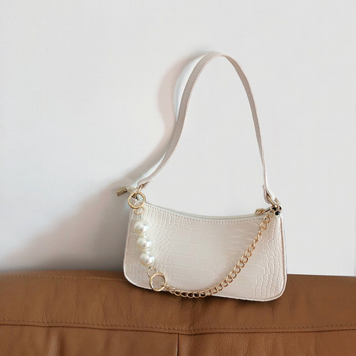 2024 new textured one-shoulder cross-body armpit bag ins simple and low-key crocodile pattern gold chain pearl bag