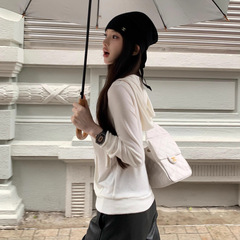 早安樊樊把妹王白色连帽卫衣拉链外套女薄款斜肩短款开衫上衣