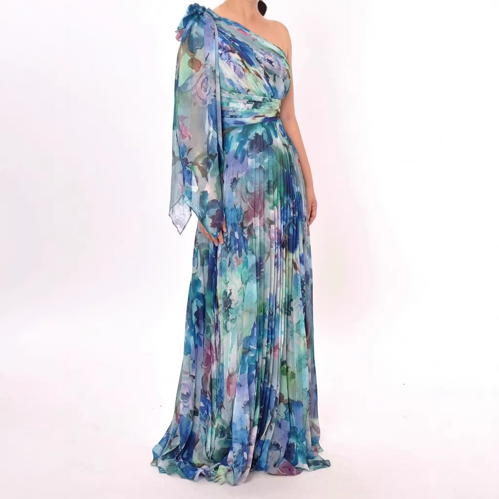 New Bohemian Vacation Style One Shoulder Shirred Lolita Big Swing Printed Dress Bohemian Holiday Printed Dress For Women_ecoleips.com