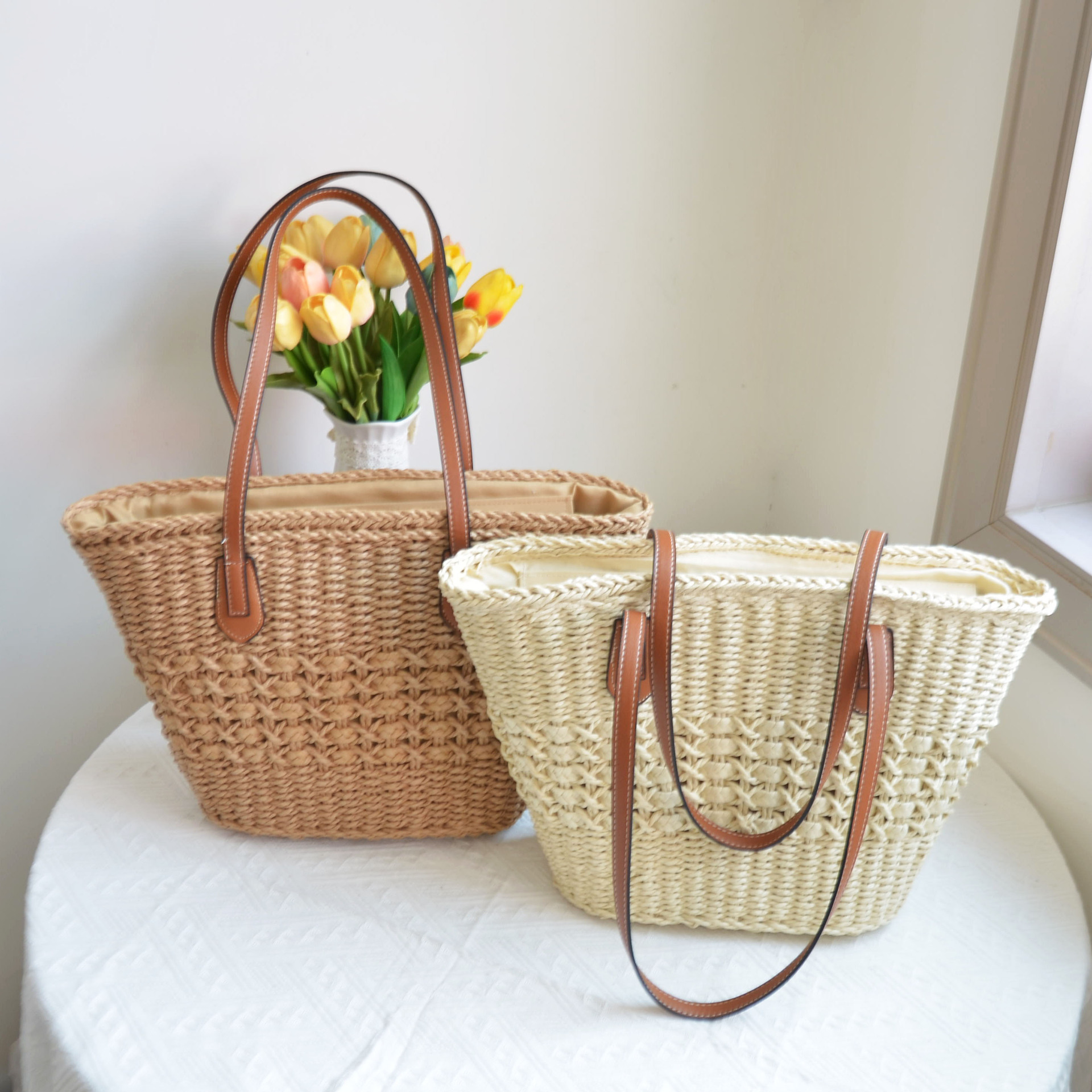 Woven straw brand one-shoulder bag