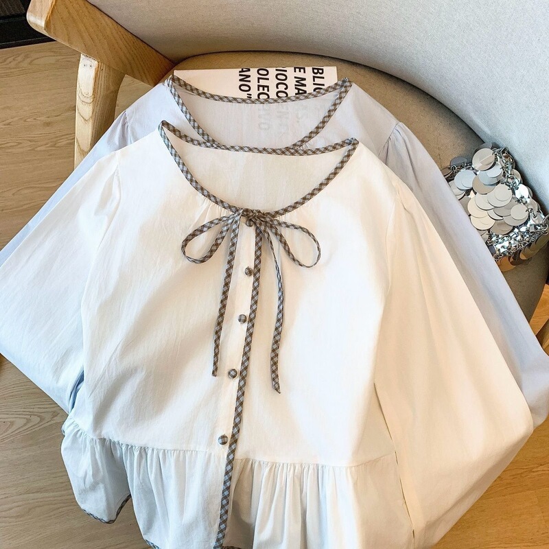French-Style Bow Tie Color-Blocking Long-Sleeve Shirt for Women, New Spring Style, Loose Fit, Slimming Design, Youthful Top, Trendy French-Style Bow Tie Color-Blocking Long-Sleeve Shirt for Women, New Spring Style, Loose Fit, Slimming Design, Youthful Top, Trendy