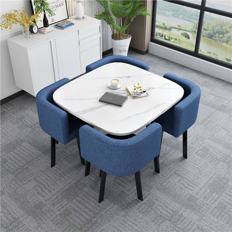 [Factory] 80 square table with imitation white stone pattern and blue cloth chai…