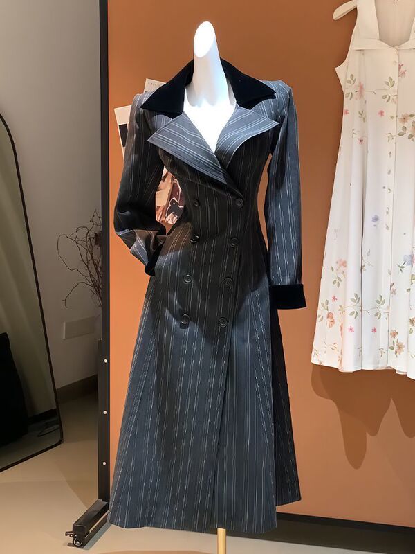 韩系超绝收腰立体条纹拼接外套风衣女秋季新款高级感气质长款大衣|undefined
