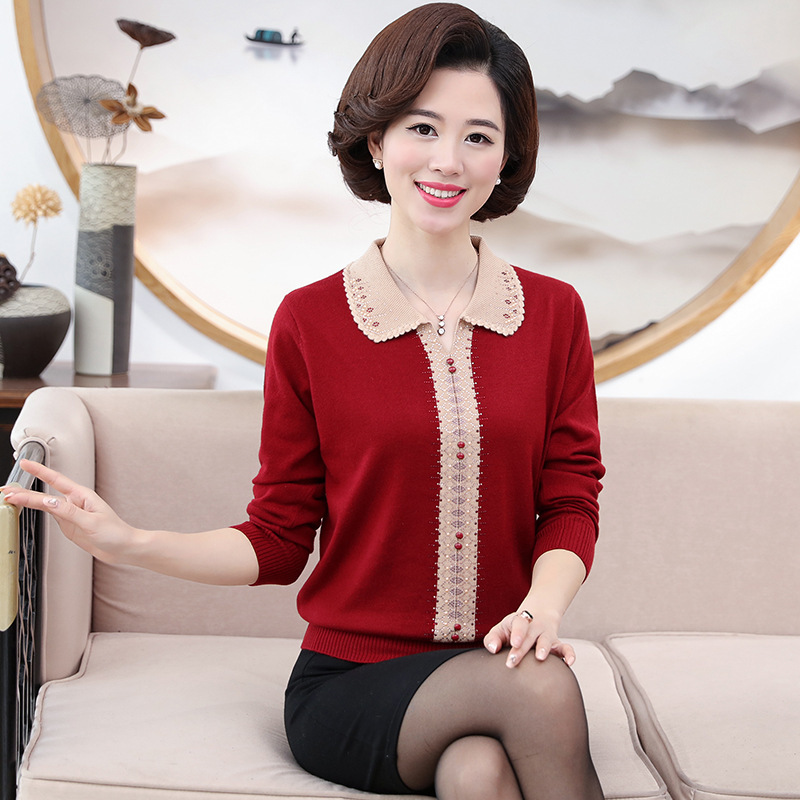 50-year-old mom autumn and winter lapel sweater Western style middle-aged and elderly women lead autumn clothes outer wear knitted short bottoming shirt
