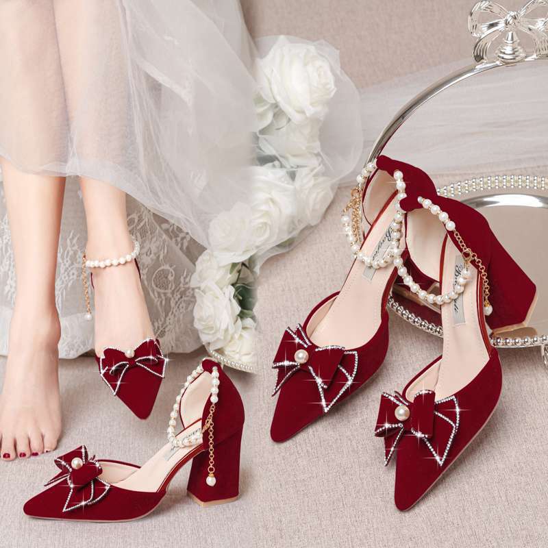 Wedding Shoes for Women, High Heels, Xiuhe Suit, Wedding Dress, Two-Wear, 2025 New Pearl Red Bridal Shoes for Pregnant Women, Not Tiring for Feet