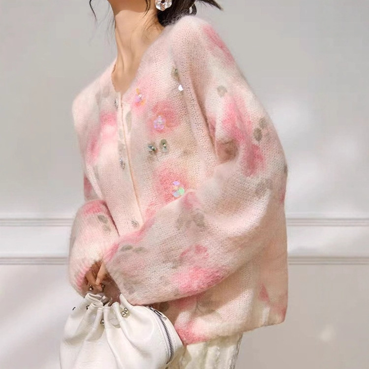 2026 Rose Dream Romantic Pink Floral Print Rhinestone Button Mohair Wool Round Neck Cardigan