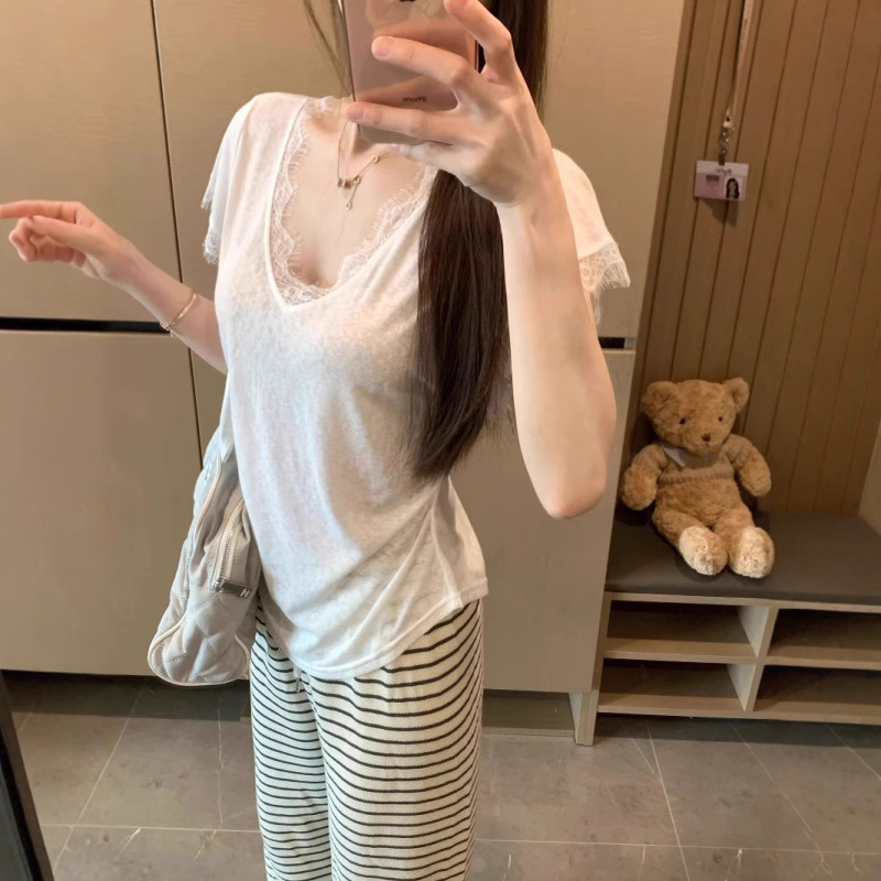 深いvレースはtシャツの女性の夏の薄いタイプの2025ゆったりした白いtの底のシャツのデザイン感の上着の半袖の甘いギャルをつなぎます。|undefined