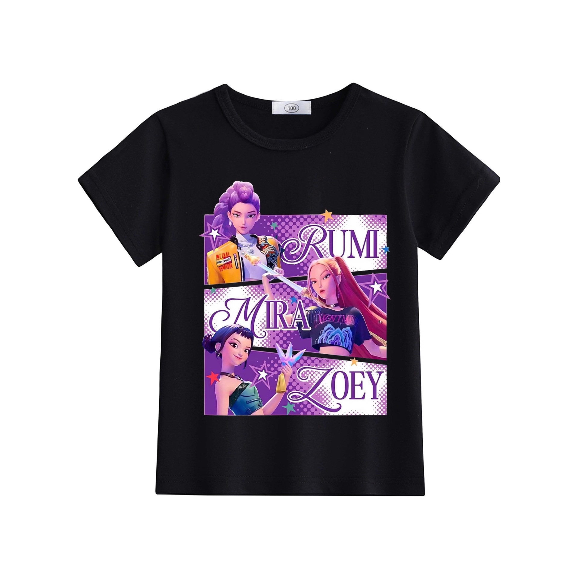 2025 Cross-Border European and American Amazon New K-Pop Hunter Girl Group Small and Medium-Sized Girls Round Neck Short-Sleeved T-Shirt Tops